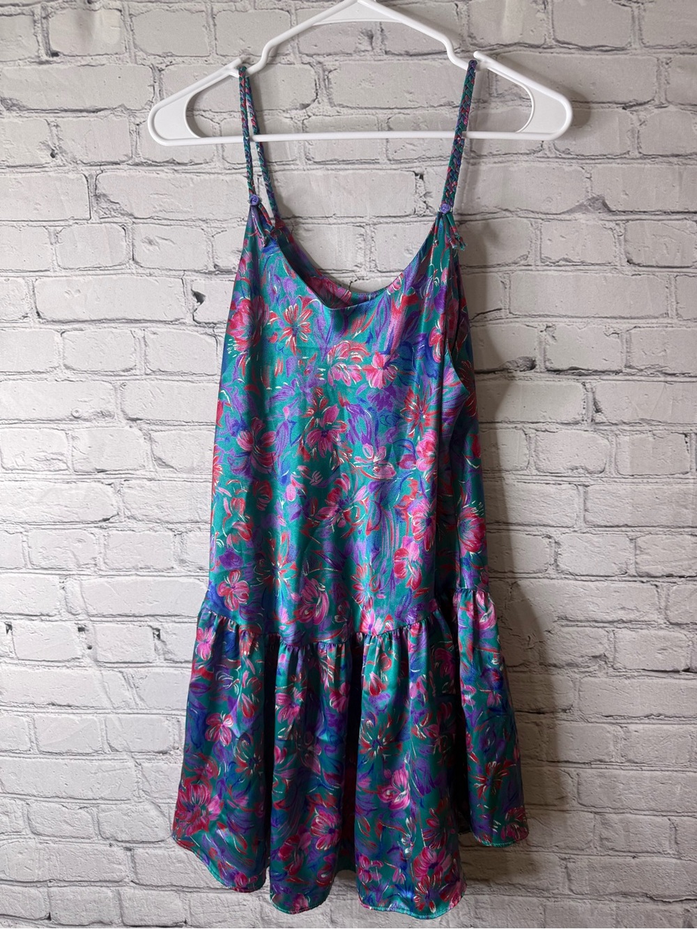Vintage Val mode Floral Satin Slip Dress in Teal & Pink medium